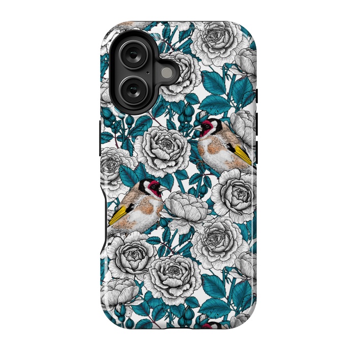 iPhone 16 StrongFit White rose flowers and goldfinch birds by Katerina Kirilova