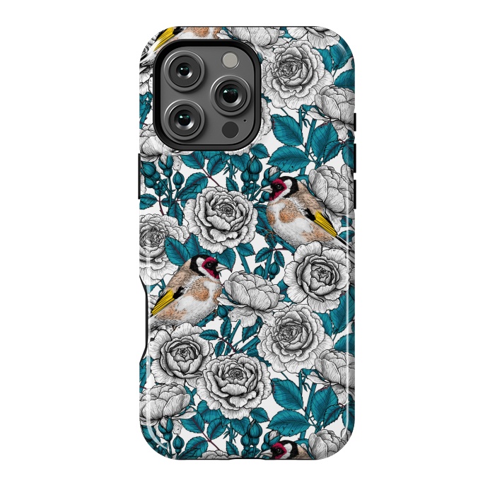 iPhone 16 Pro Max StrongFit White rose flowers and goldfinch birds by Katerina Kirilova