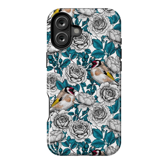 iPhone 16 Plus StrongFit White rose flowers and goldfinch birds by Katerina Kirilova