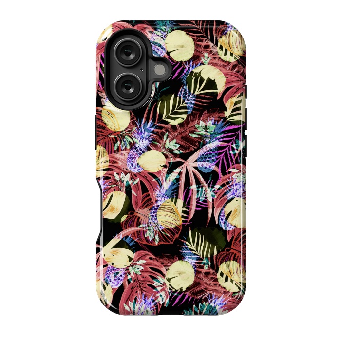 iPhone 16 StrongFit Colourful painted tropical leaves and pineapples by Oana 