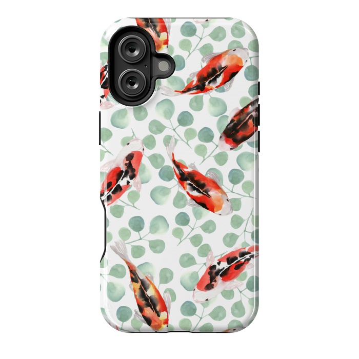 iPhone 16 Plus StrongFit Koi fish. White pattern by Julia Badeeva