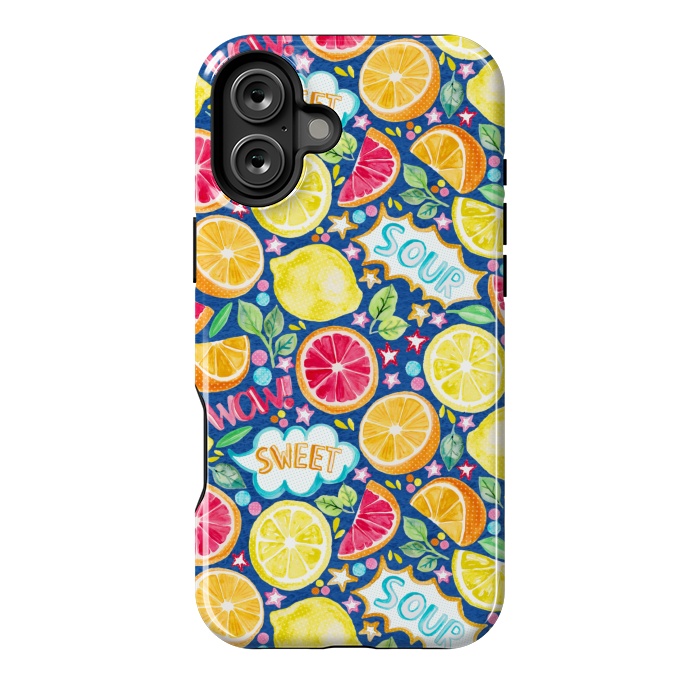 iPhone 16 Plus StrongFit Pop Art Citrus Fruit on Royal Blue by Tangerine-Tane