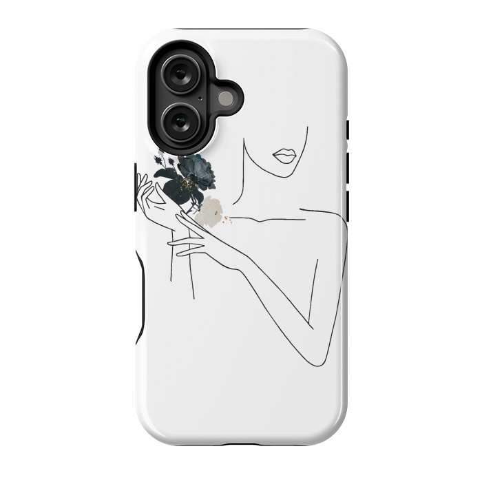 iPhone 16 StrongFit Lineart Girl With Black Flowers by DaDo ART