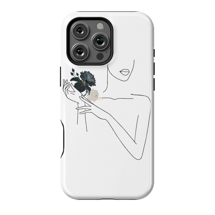 iPhone 16 Pro Max StrongFit Lineart Girl With Black Flowers by DaDo ART