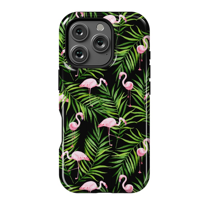 iPhone 16 Pro StrongFit Pink flamingo ang palm leaves by Julia Badeeva