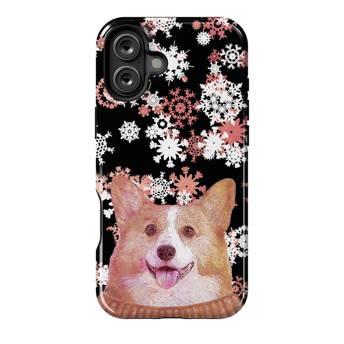 iPhone 16 Plus StrongFit Cute corgi and white rose gold snowflakes by Oana 