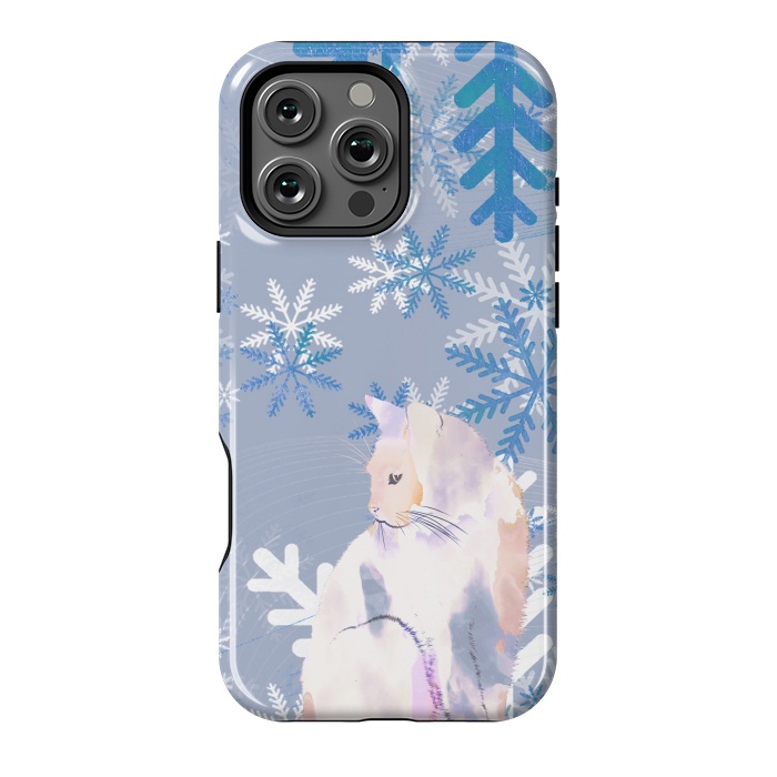 iPhone 16 Pro Max StrongFit Cat and metallic blue snowflakes watercolor illustration by Oana 