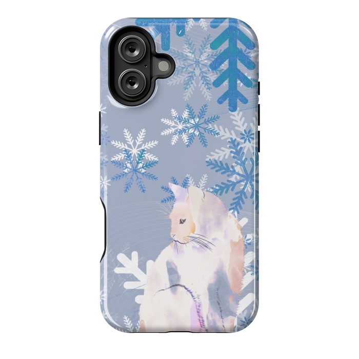 iPhone 16 Plus StrongFit Cat and metallic blue snowflakes watercolor illustration by Oana 