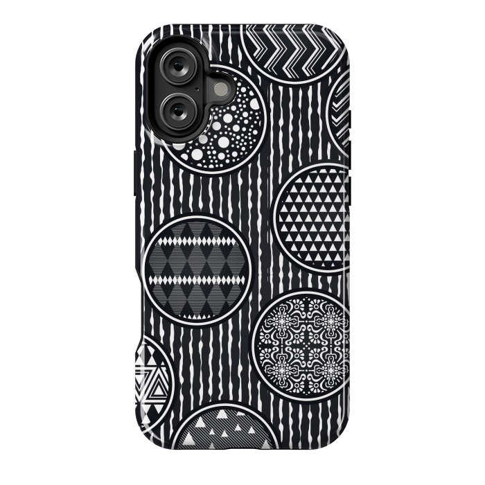 iPhone 16 Plus StrongFit black and white circular pattern by MALLIKA