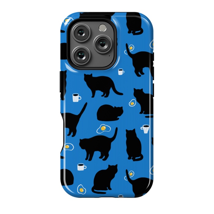 iPhone 16 Pro StrongFit Black cat, fried eggs, coffee. Breakfast pattern. by Anna Alekseeva