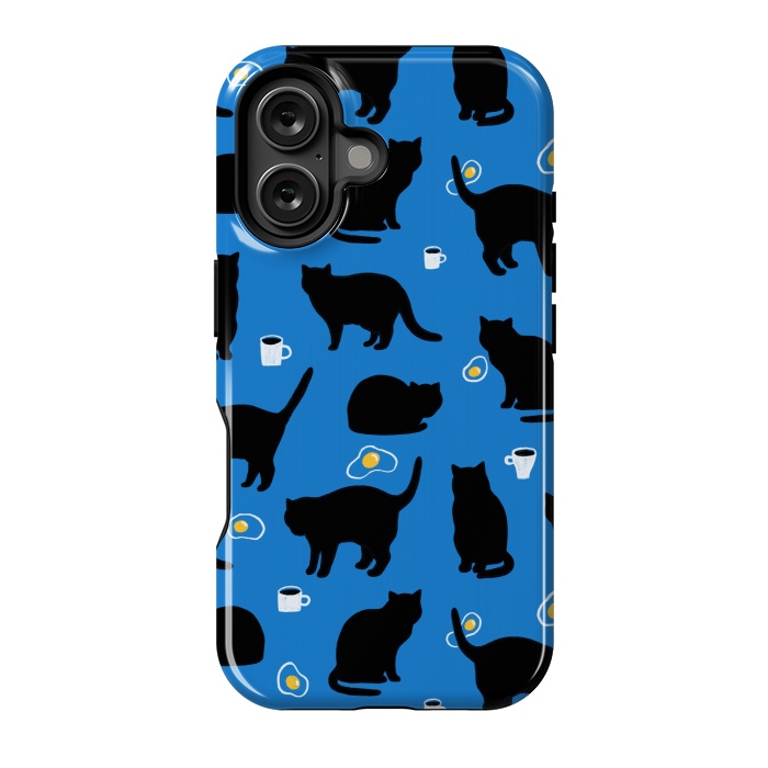 iPhone 16 StrongFit Black cat, fried eggs, coffee. Breakfast pattern. by Anna Alekseeva