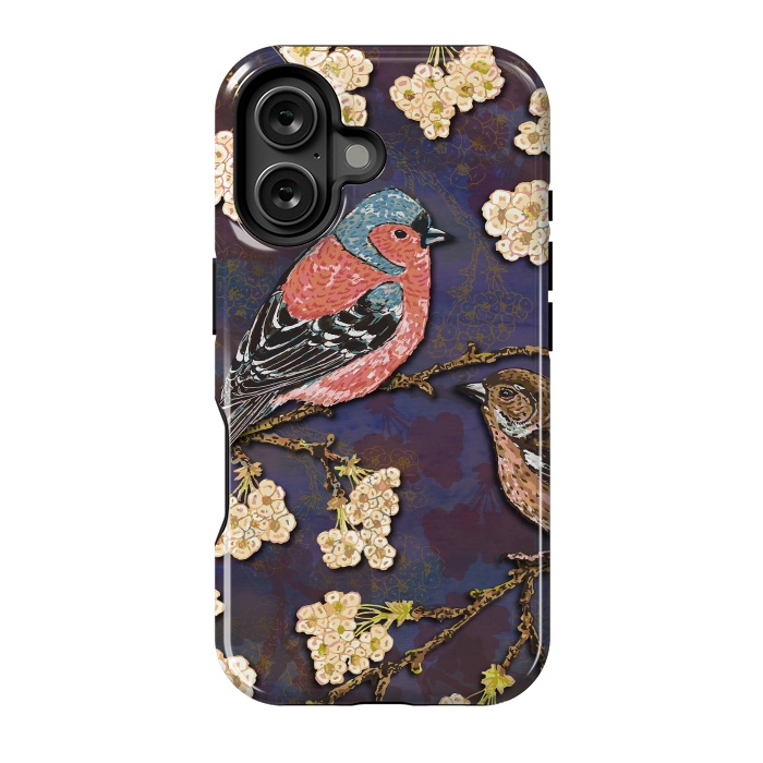 iPhone 16 StrongFit Chaffinches in Cherry Blossom by Lotti Brown