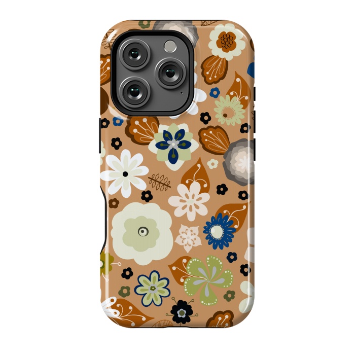 iPhone 16 Pro StrongFit Kitsch 70s Flowers in Classic Blue and Brown by Paula Ohreen