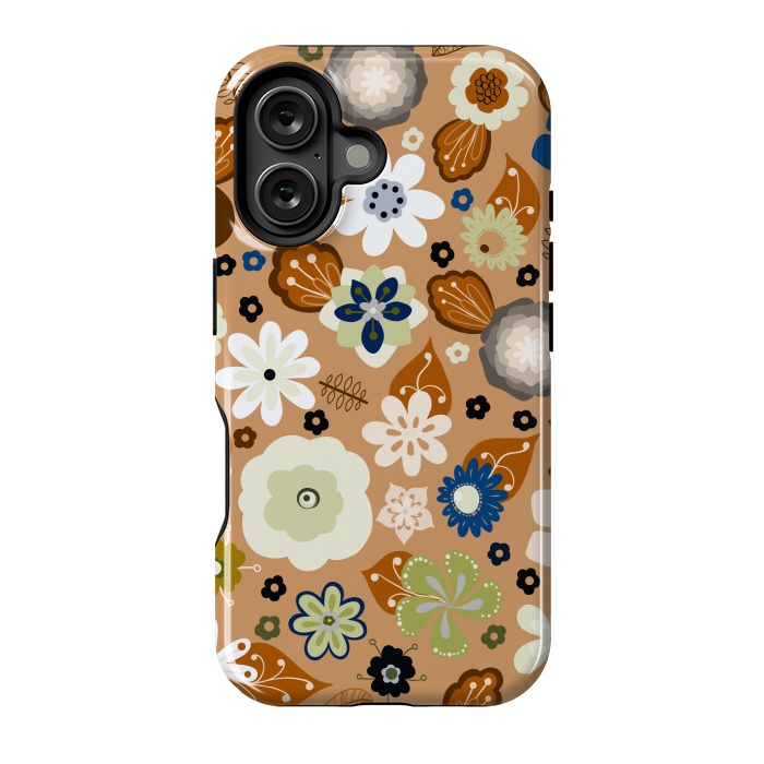 iPhone 16 StrongFit Kitsch 70s Flowers in Classic Blue and Brown by Paula Ohreen