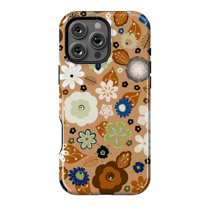 iPhone 16 Pro Max StrongFit Kitsch 70s Flowers in Classic Blue and Brown by Paula Ohreen