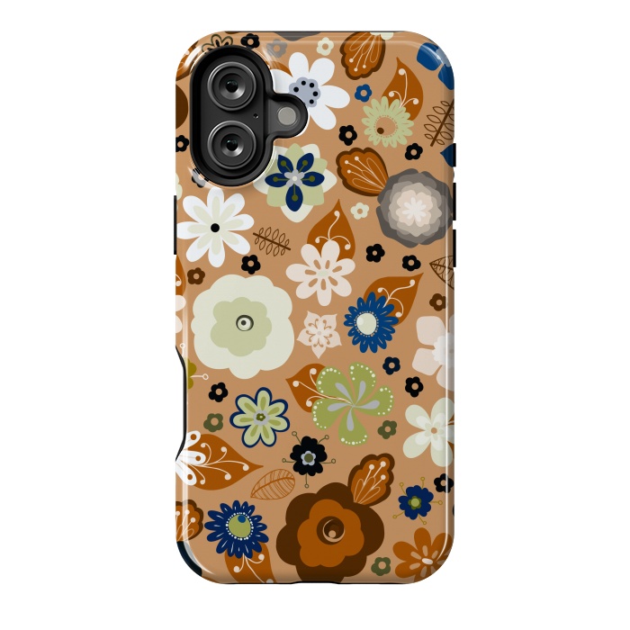 iPhone 16 Plus StrongFit Kitsch 70s Flowers in Classic Blue and Brown by Paula Ohreen