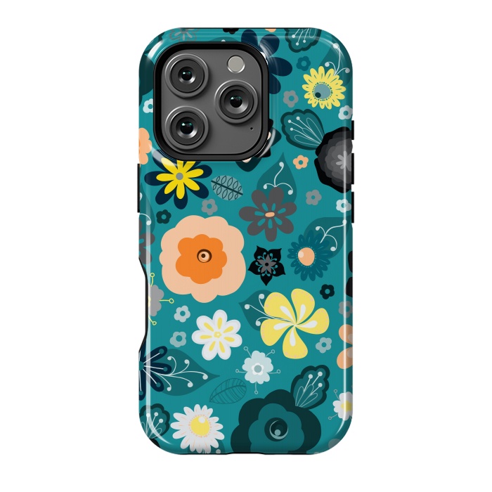 iPhone 16 Pro StrongFit Kitsch 70s Flowers in Classic Blue and Yellow by Paula Ohreen