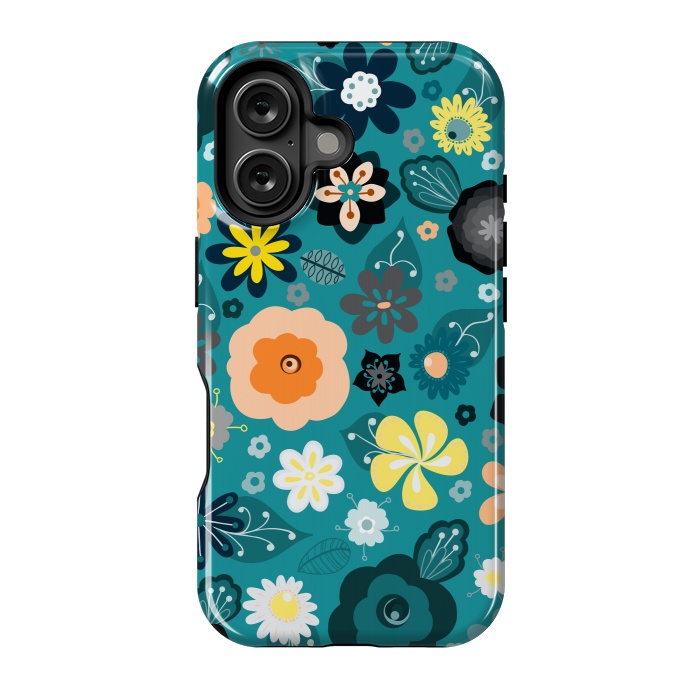 iPhone 16 StrongFit Kitsch 70s Flowers in Classic Blue and Yellow by Paula Ohreen