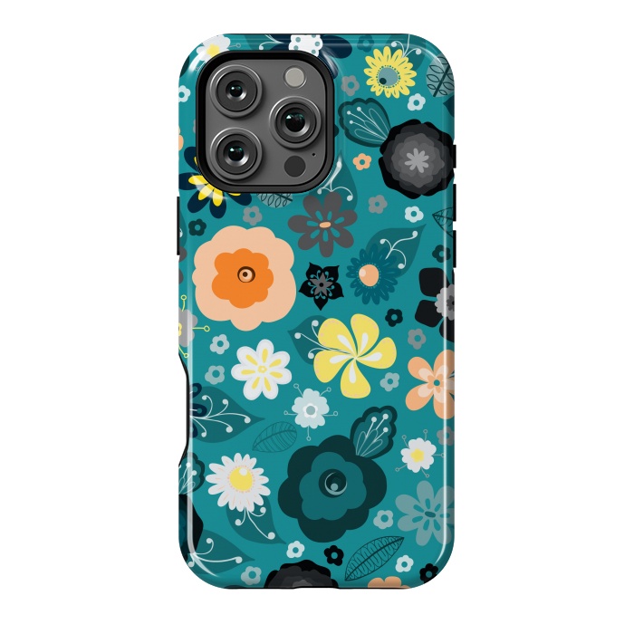 iPhone 16 Pro Max StrongFit Kitsch 70s Flowers in Classic Blue and Yellow by Paula Ohreen