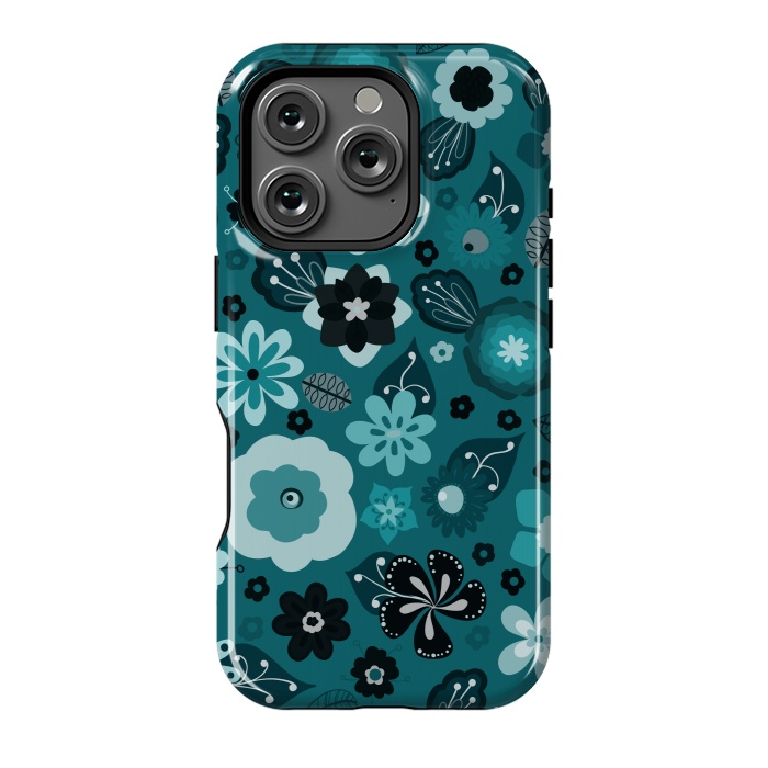 iPhone 16 Pro StrongFit Kitsch 70s Flowers in Monochrome Classic Blue by Paula Ohreen