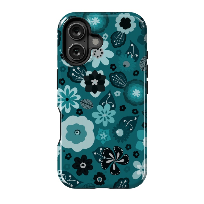 iPhone 16 StrongFit Kitsch 70s Flowers in Monochrome Classic Blue by Paula Ohreen