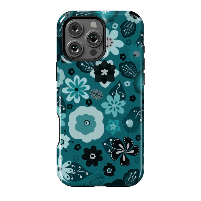 iPhone 16 Pro Max StrongFit Kitsch 70s Flowers in Monochrome Classic Blue by Paula Ohreen