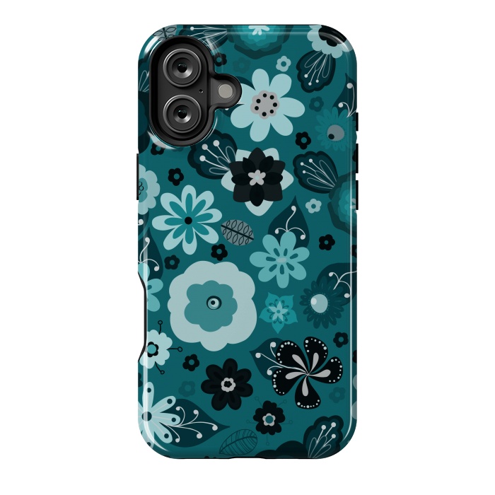 iPhone 16 Plus StrongFit Kitsch 70s Flowers in Monochrome Classic Blue by Paula Ohreen