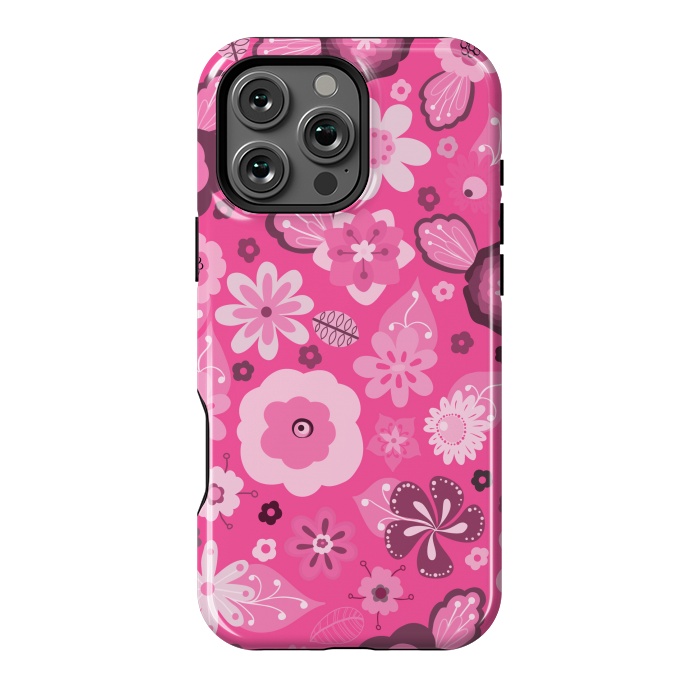 iPhone 16 Pro Max StrongFit Kitsch 70s Flowers in Bright Pink Hues by Paula Ohreen