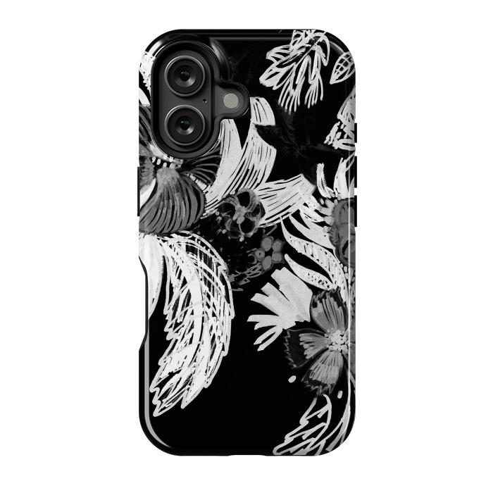 iPhone 16 StrongFit Black and white marker sketched flowers by Oana 