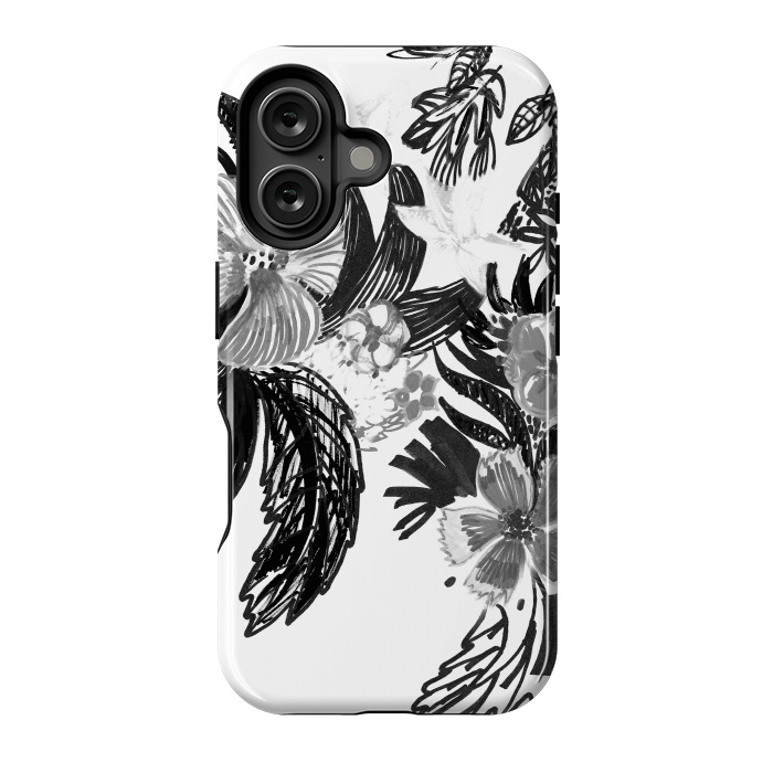 iPhone 16 StrongFit Black ink sketched flowers by Oana 