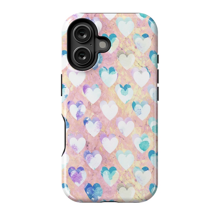 iPhone 16 StrongFit Pastel painted hearts on pink marble Valentine by Oana 