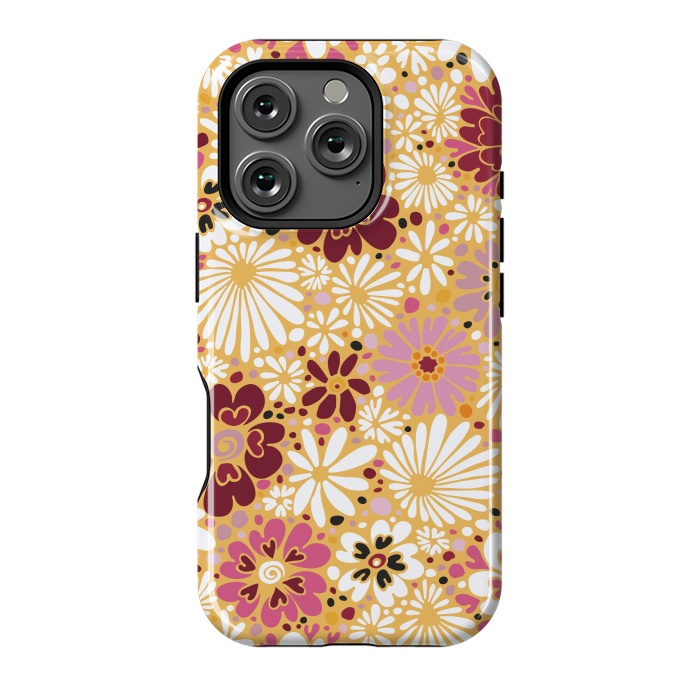 iPhone 16 Pro StrongFit 70s Valentine Flowers in Pink, Cream and Yellow by Paula Ohreen