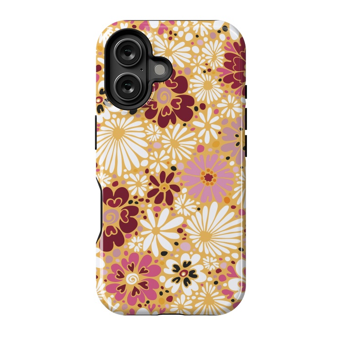 iPhone 16 StrongFit 70s Valentine Flowers in Pink, Cream and Yellow by Paula Ohreen