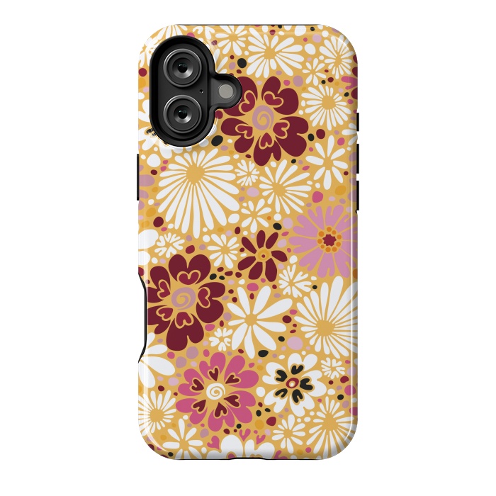 iPhone 16 Plus StrongFit 70s Valentine Flowers in Pink, Cream and Yellow by Paula Ohreen