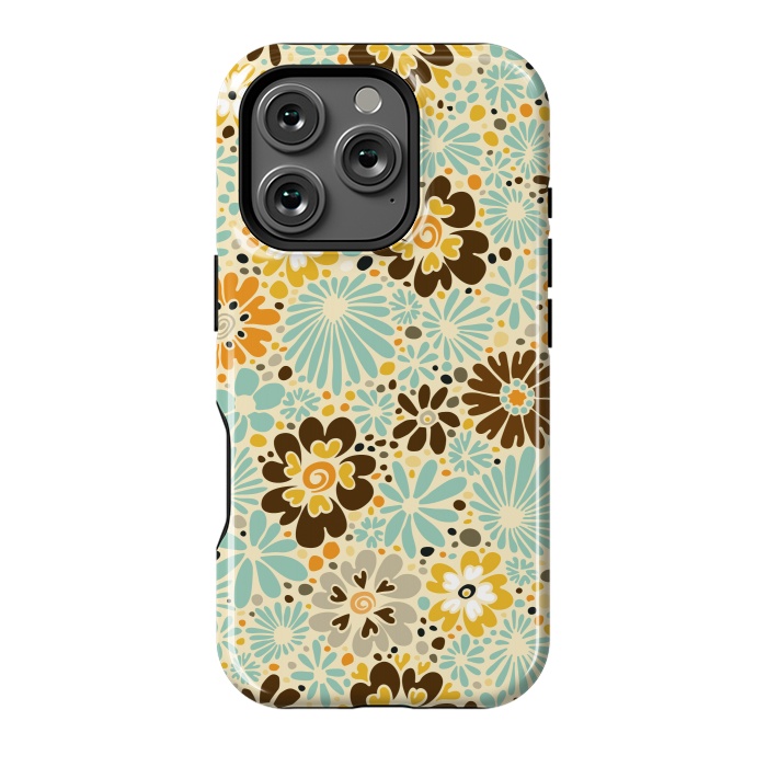 iPhone 16 Pro StrongFit 70s Valentine Flowers in Orange, Brown and Blue by Paula Ohreen