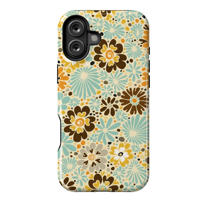 iPhone 16 Plus StrongFit 70s Valentine Flowers in Orange, Brown and Blue by Paula Ohreen