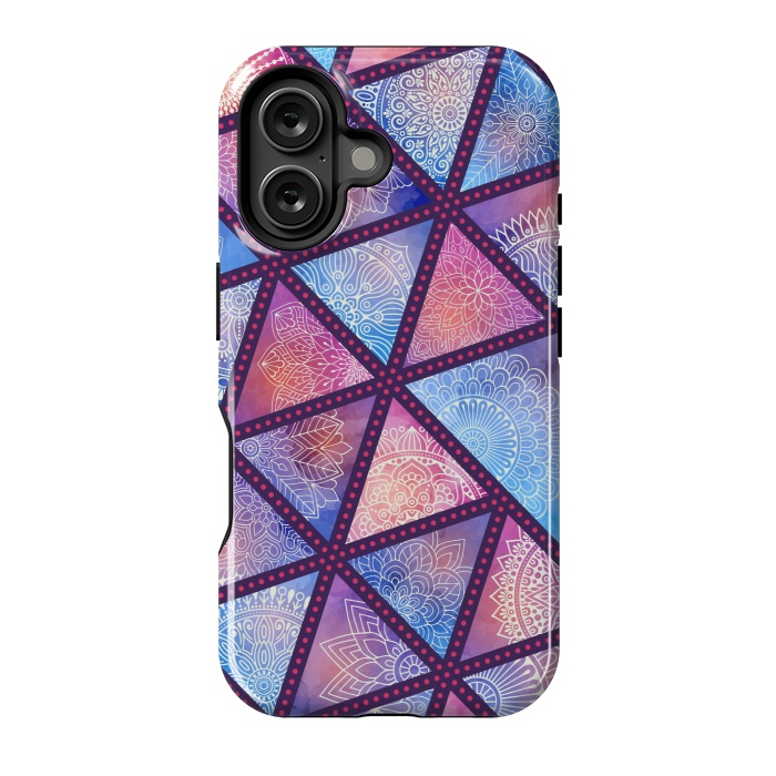 iPhone 16 StrongFit triangle mandala pattern blue pink by MALLIKA