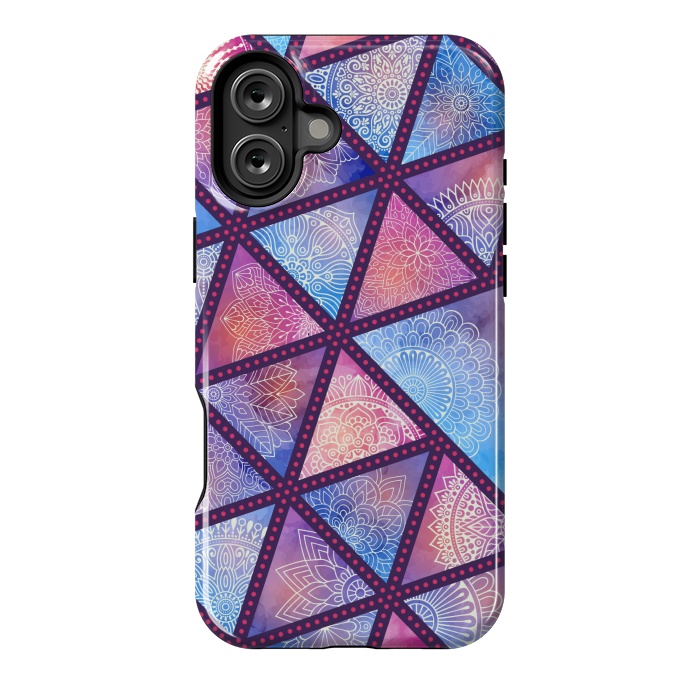 iPhone 16 Plus StrongFit triangle mandala pattern blue pink by MALLIKA