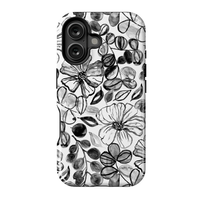 iPhone 16 StrongFit Black & White Painted Floral  by Tigatiga