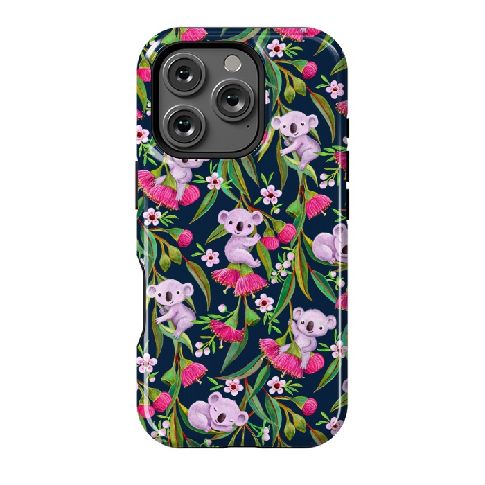 iPhone 16 Pro StrongFit Teeny Tiny Koalas with Tea Tree Blossoms and Eucalyptus Flowers by Micklyn Le Feuvre