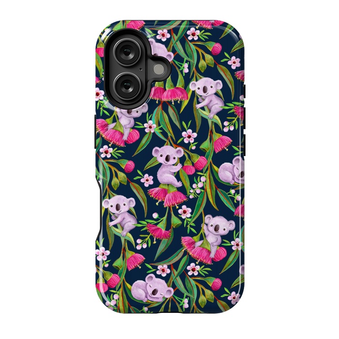 iPhone 16 StrongFit Teeny Tiny Koalas with Tea Tree Blossoms and Eucalyptus Flowers by Micklyn Le Feuvre