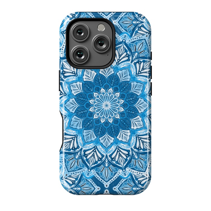 iPhone 16 Pro StrongFit Boho Mandala in Monochrome Blue and White by Micklyn Le Feuvre