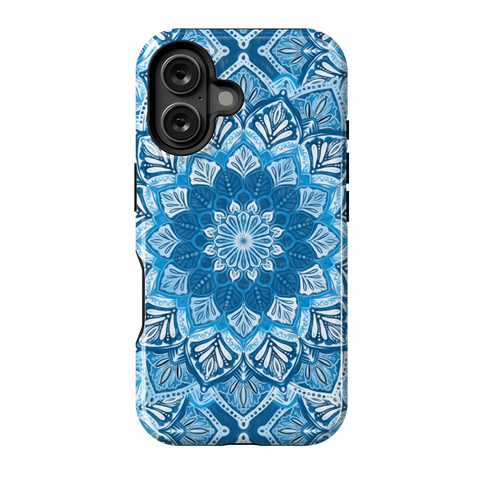 iPhone 16 StrongFit Boho Mandala in Monochrome Blue and White by Micklyn Le Feuvre