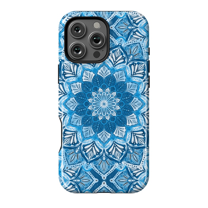 iPhone 16 Pro Max StrongFit Boho Mandala in Monochrome Blue and White by Micklyn Le Feuvre