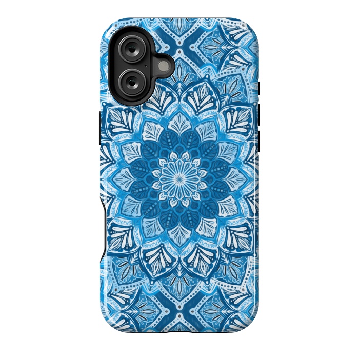 iPhone 16 Plus StrongFit Boho Mandala in Monochrome Blue and White by Micklyn Le Feuvre