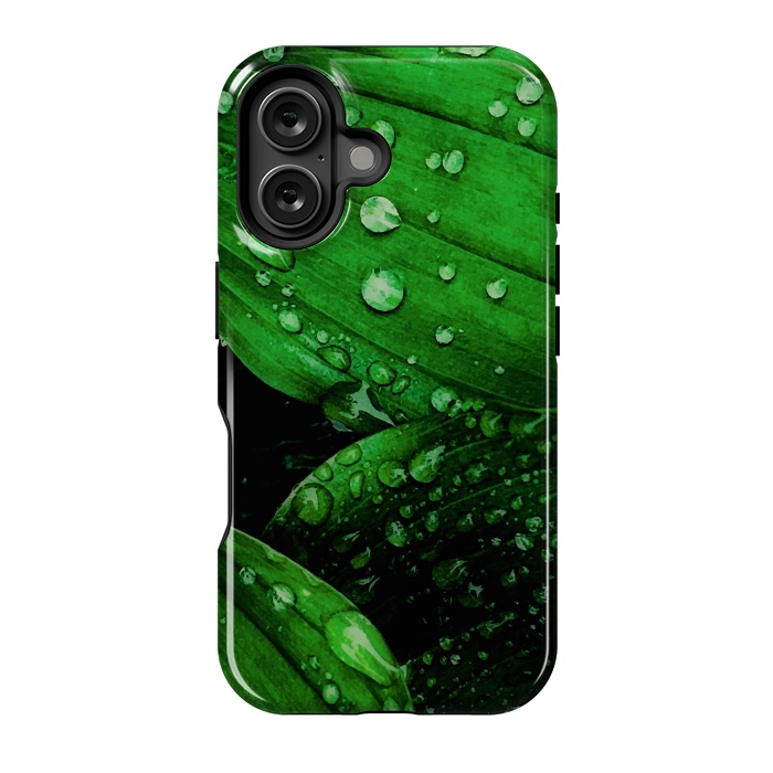 iPhone 16 StrongFit green leaf with raindrops by haroulita