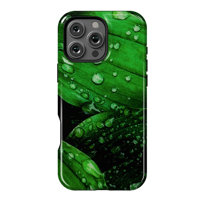 iPhone 16 Pro Max StrongFit green leaf with raindrops by haroulita