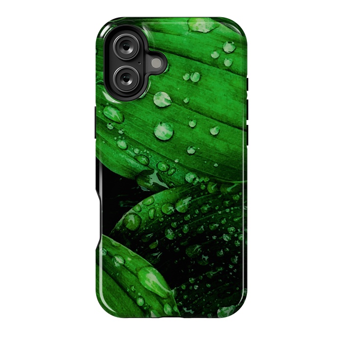 iPhone 16 Plus StrongFit green leaf with raindrops by haroulita