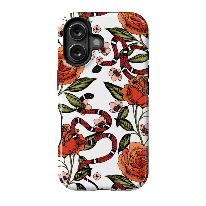 iPhone 16 StrongFit Roses and snake. White pattern by Julia Badeeva