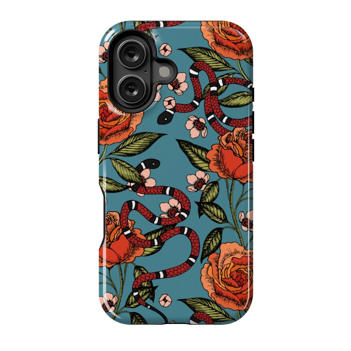 iPhone 16 StrongFit Roses and snake. Blue pattern by Julia Badeeva